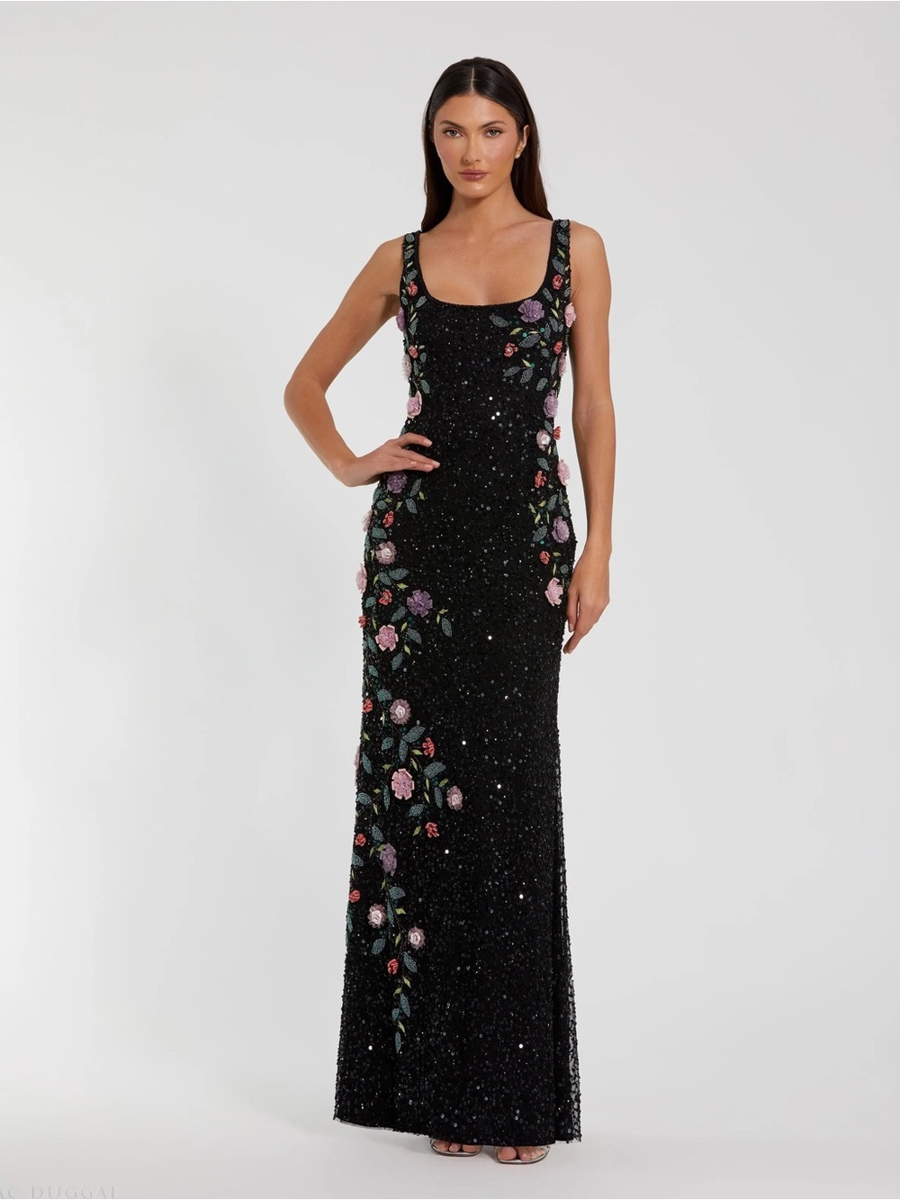 Mac Duggal Black Floral Beaded Mesh Scoop Neck Sleeveless Gown Size 6 NWT Black - Picture 2 of 8